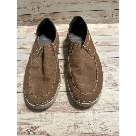 Clarks Slip-On Shoe Canvas Size 10.5 Brown Walking Casual Comfy Rubber Sole - Picture 6 of 11
